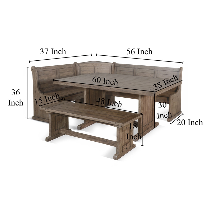 Pemberly Row 4pc Corner Breakfast Nook Set with Brown Dining Table and Bench