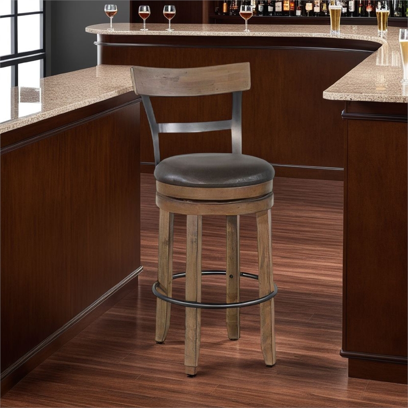 Pemberly Row Swivel Barstool Chair Set of 2 in Gray Faux Leather and Brown