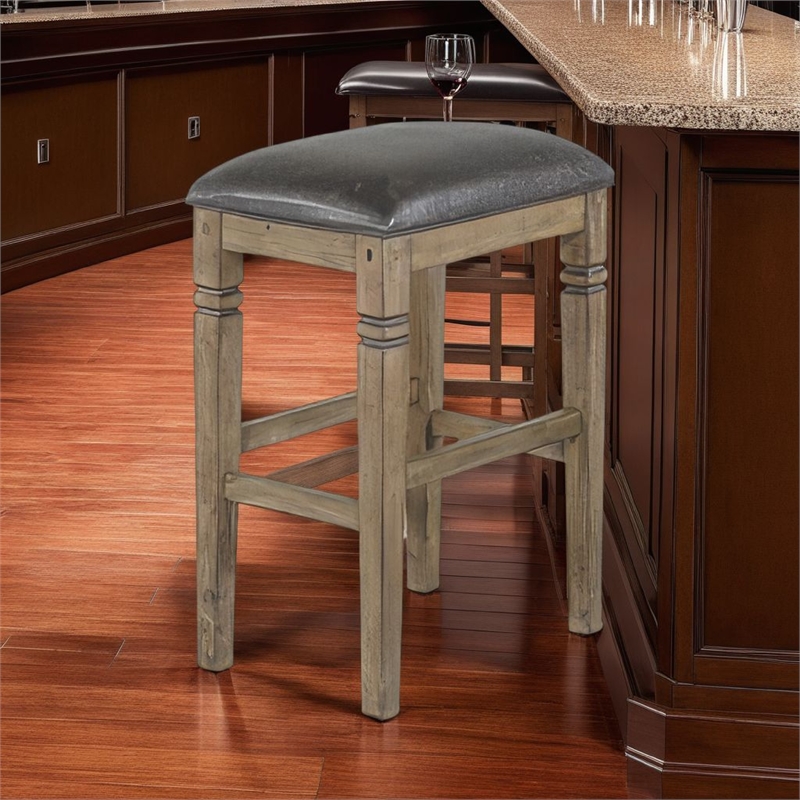 Pemberly Row Backless Barstool Set of 2 with Black Faux Leather Cushion in Taupe