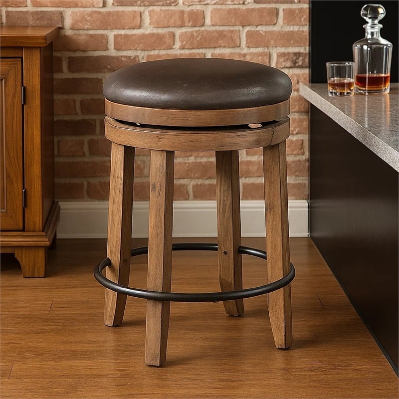 Pemberly Row Swivel Counter Stool Set of 2 in Gray Faux Leather and Brown