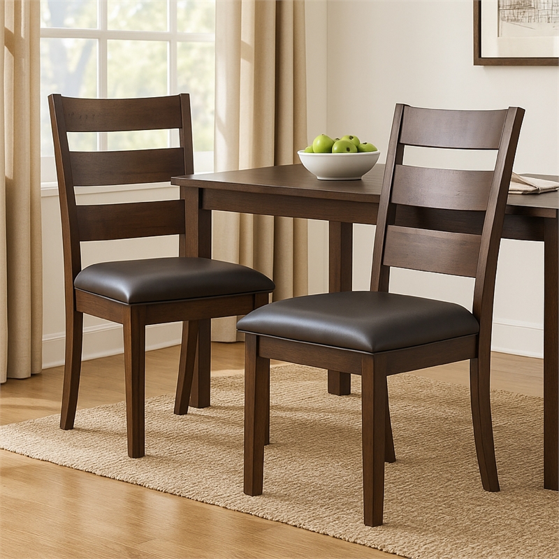 Pemberly Row Ladderback Dining Chair Set of 2 in Dark Gray Faux Leather Brown