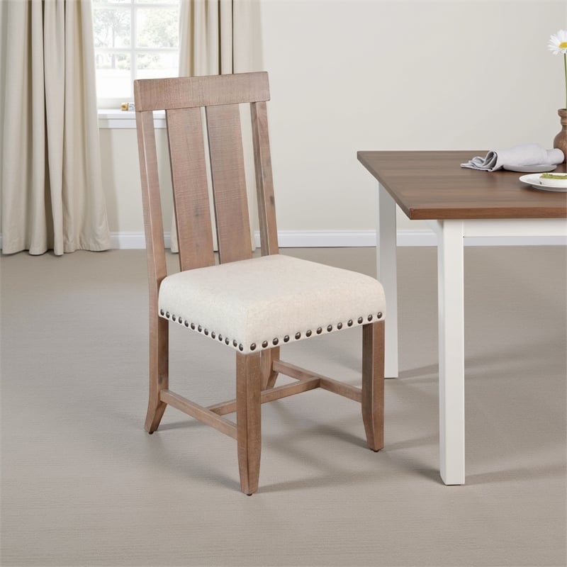 Pemberly Row Slat Back Dining Chair Set of 2 in White Fabric Dark Brown Wood