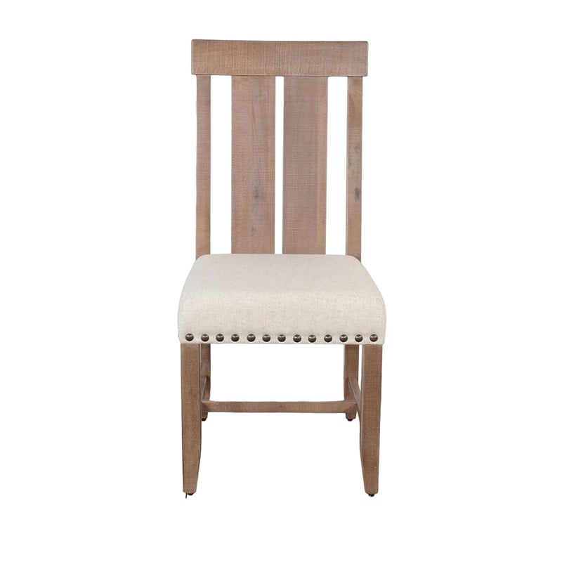 Pemberly Row Slat Back Dining Chair Set of 2 in White Fabric Dark Brown Wood