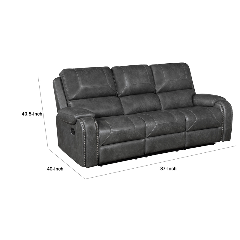 Pemberly Row 87 Inch Reclining Sofa with Pillow Tufted Gray Faux Leather