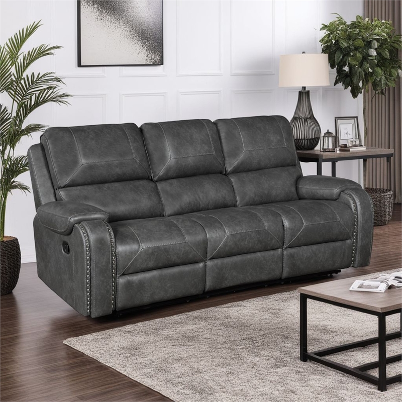 Pemberly Row 87 Inch Reclining Sofa with Pillow Tufted Gray Faux Leather