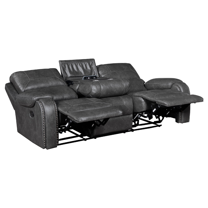 Pemberly Row 87 Inch Reclining Sofa with Pillow Tufted Gray Faux Leather