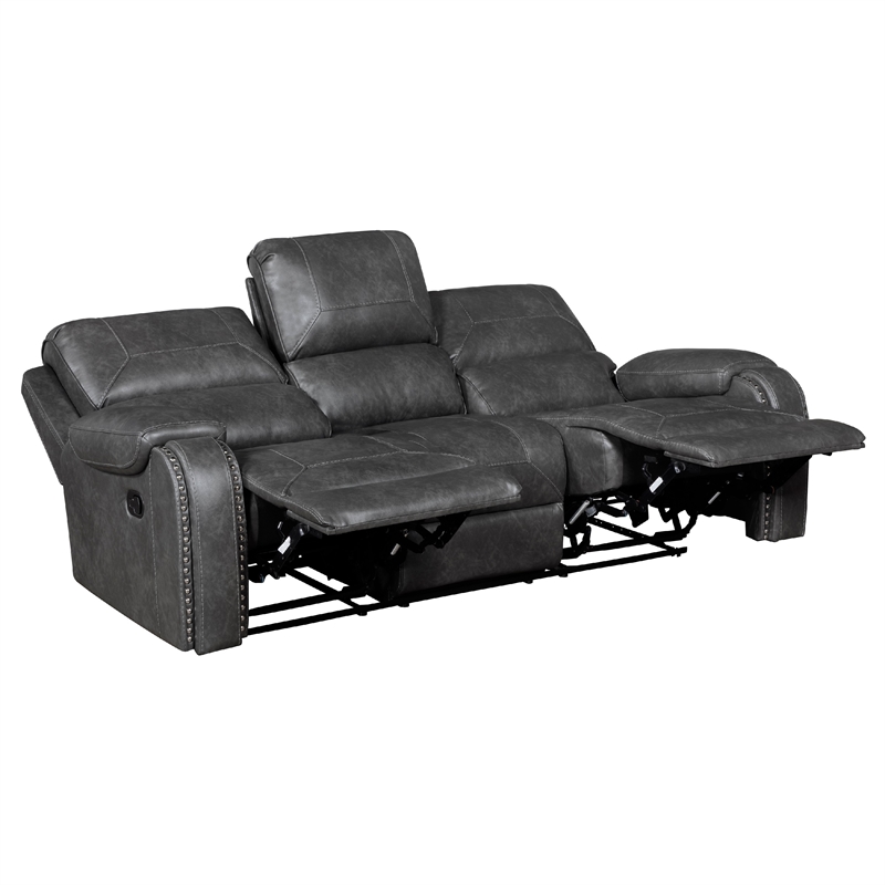 Pemberly Row 87 Inch Reclining Sofa with Pillow Tufted Gray Faux Leather