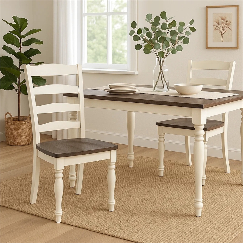Pemberly Row Dining Chair Set of 2 Ladder Back in Dark Brown and White Wood