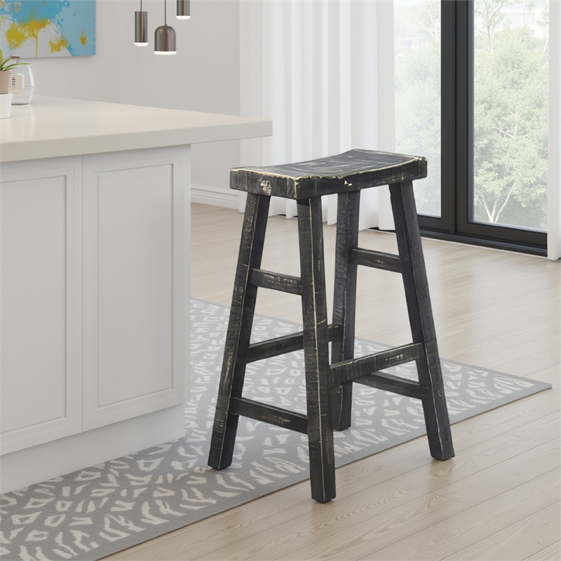 Pemberly Row Barstool Set of 2 with Saddle Style Seat in Black Sand Wood