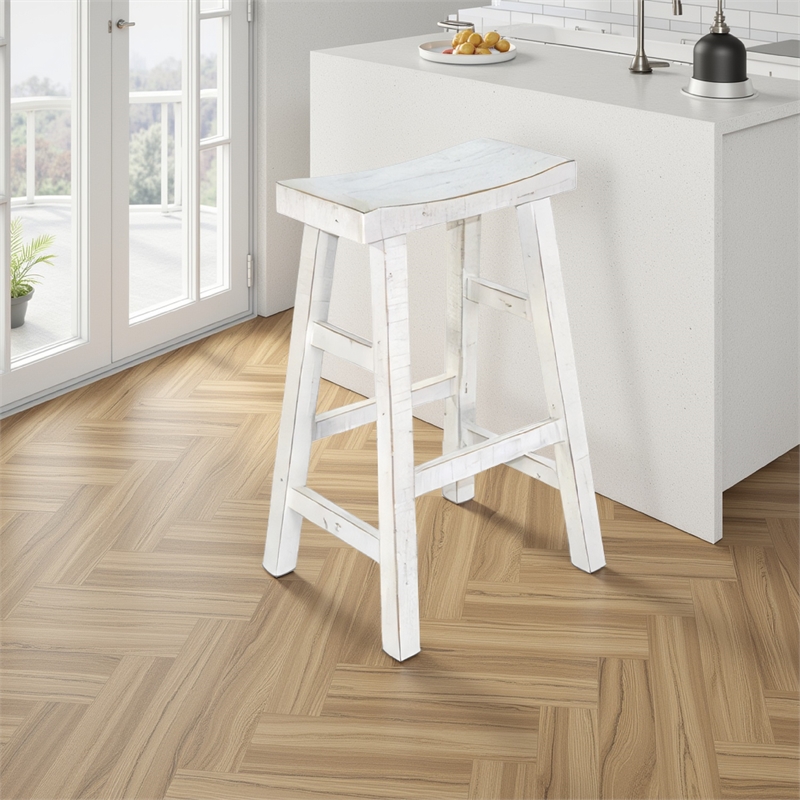 Pemberly Row Bar Stool Set of 2 with Saddle Style Seat in White Sand Wood