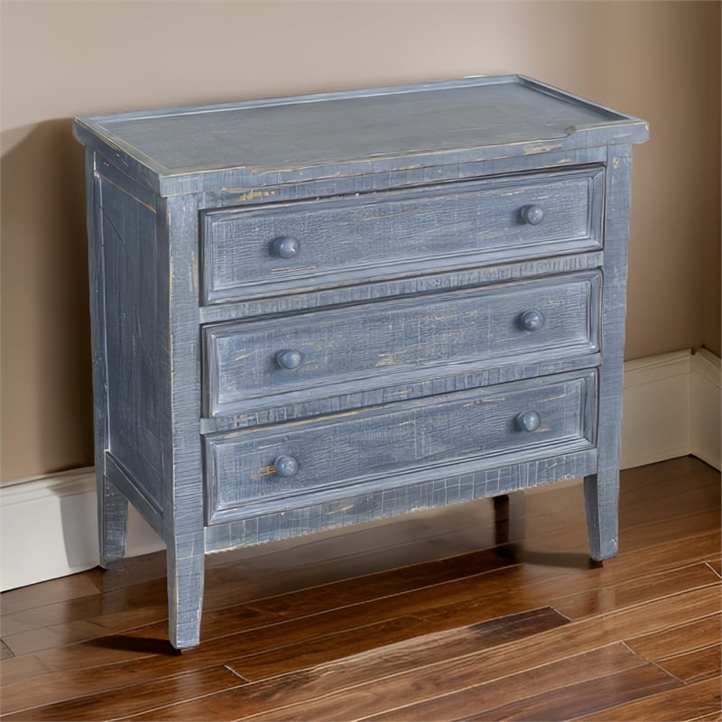 Pemberly Row 28 Inch Side End Table with 3 Drawers in Rustic Blue Wood