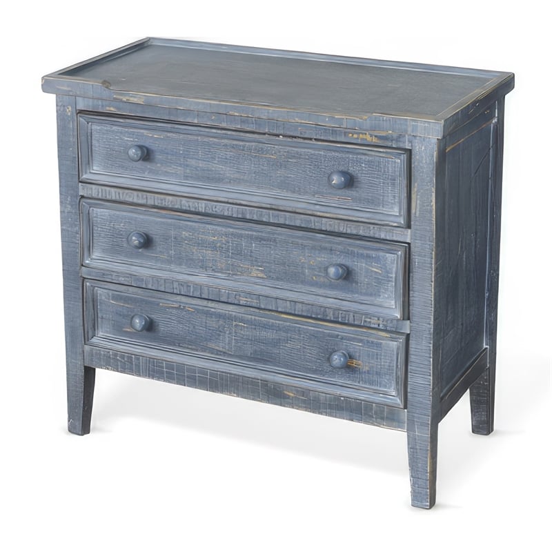 Pemberly Row 28 Inch Side End Table with 3 Drawers in Rustic Blue Wood