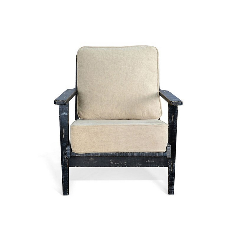 Pemberly Row Accent Lounge Chair with Beige Seat in Distressed Black Wood