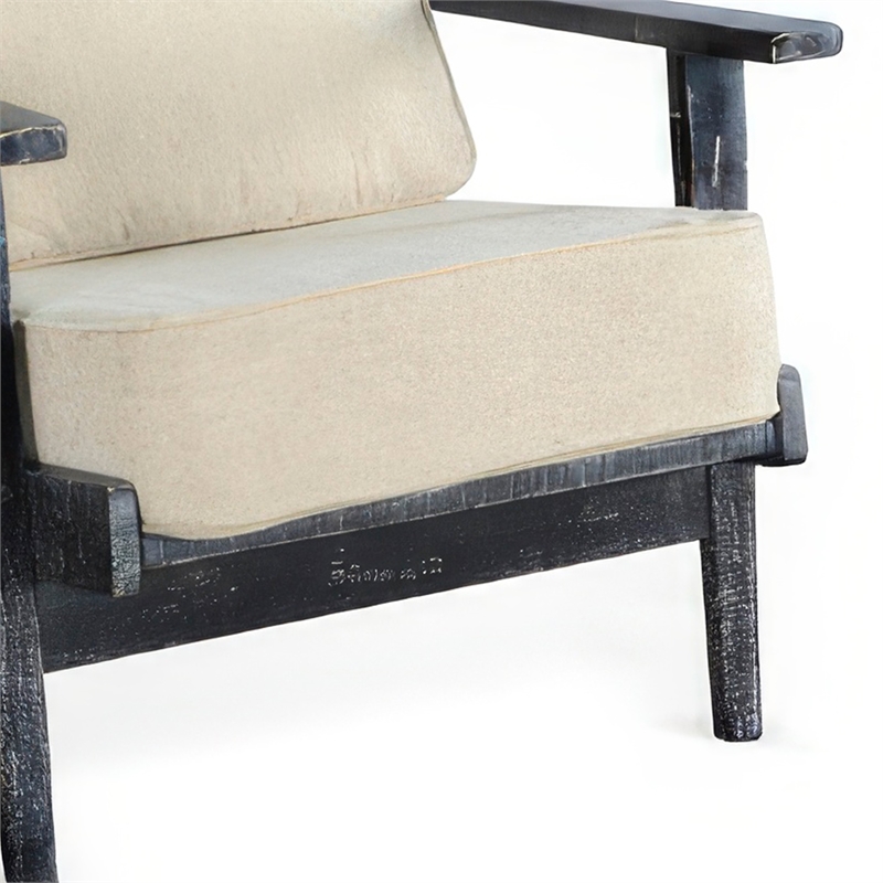 Pemberly Row Accent Lounge Chair with Beige Seat in Distressed Black Wood