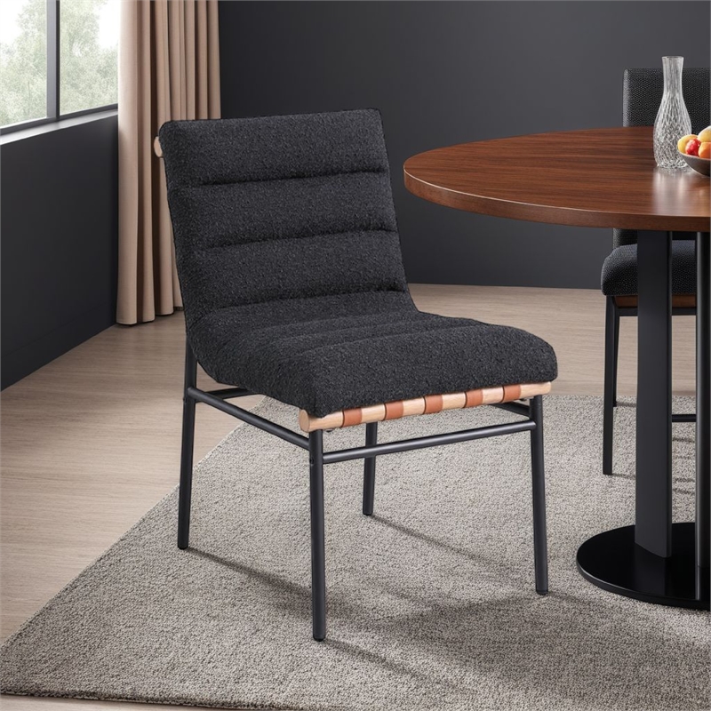 Pemberly Row Dining Chair Set of 2 with Black Iron Legs in Gray Tufted Boucle
