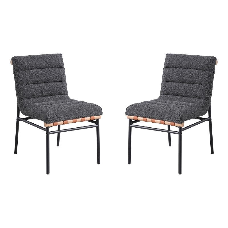 Pemberly Row Dining Chair Set of 2 with Black Iron Legs in Gray Tufted Boucle