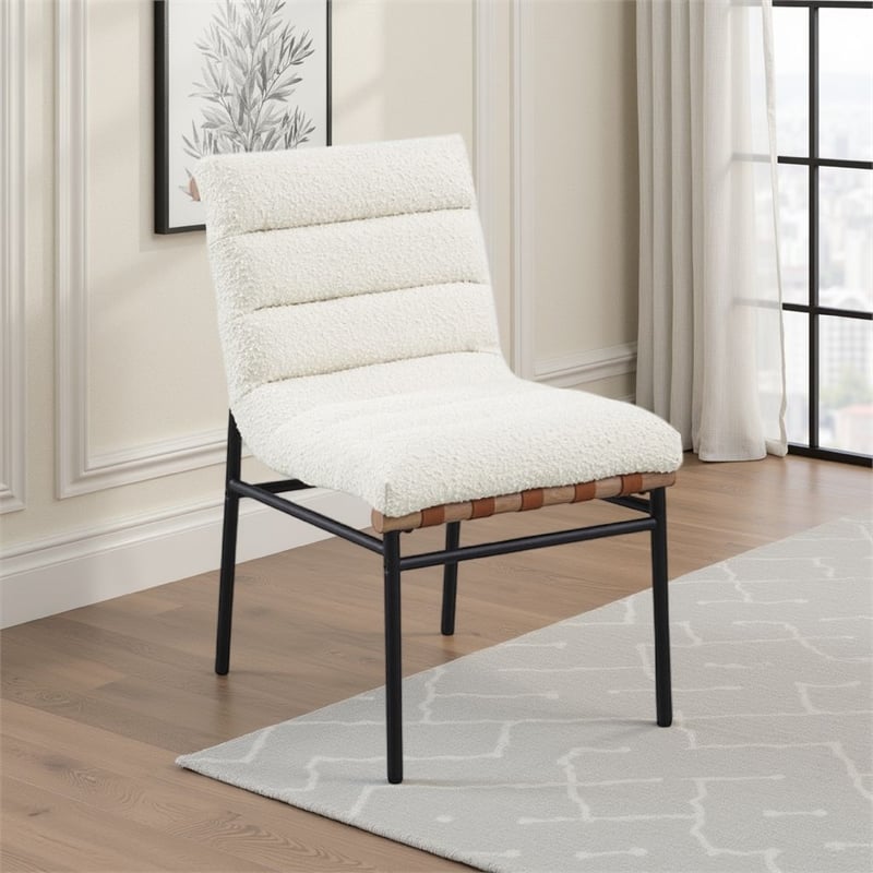 Pemberly Row Dining Chair Set of 2 with Black Iron Legs in White Tufted Boucle