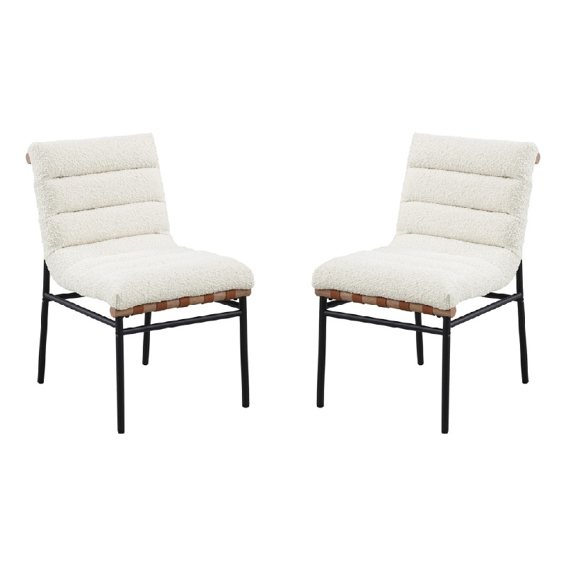 Pemberly Row Dining Chair Set of 2 with Black Iron Legs in White Tufted Boucle