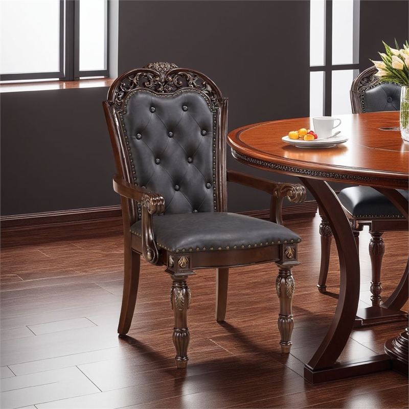 Pemberly Row Dining Armchair Set of 2 Traditional Carved in Cherry and Gray