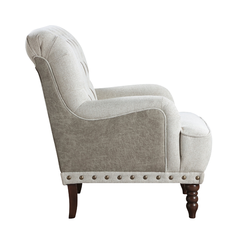 Pemberly Row Button Tufted Accent Armchair in Beige Textured Polyester Brown