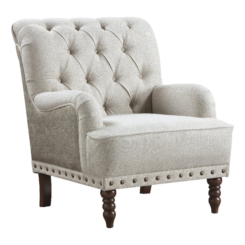 Pemberly Row Button Tufted Accent Armchair in Beige Textured Polyester Brown