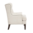 Pemberly Row Accent Wing Armchair in Beige Polyester with Brown Wood Nailhead