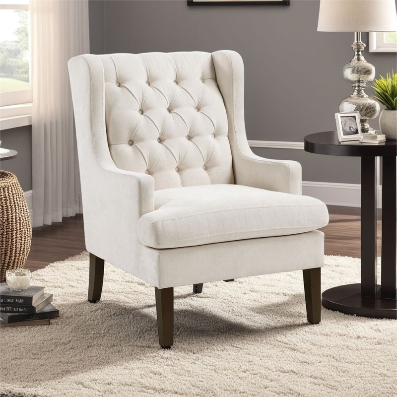 Pemberly Row Button Tufted Accent Wing Armchair in Beige Polyester and Brown