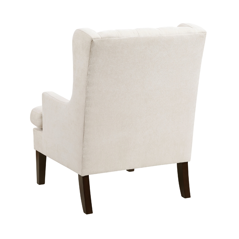 Pemberly Row Button Tufted Accent Wing Armchair in Beige Polyester and Brown