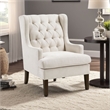 Pemberly Row Button Tufted Accent Wing Armchair in Beige Polyester and Brown