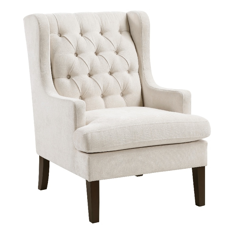 Pemberly Row Button Tufted Accent Wing Armchair in Beige Polyester and Brown