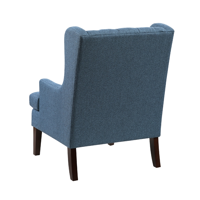 Pemberly Row Button Tufted Accent Wing Armchair in Blue Polyester Brown Wood
