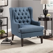 Pemberly Row Button Tufted Accent Wing Armchair in Blue Polyester Brown Wood