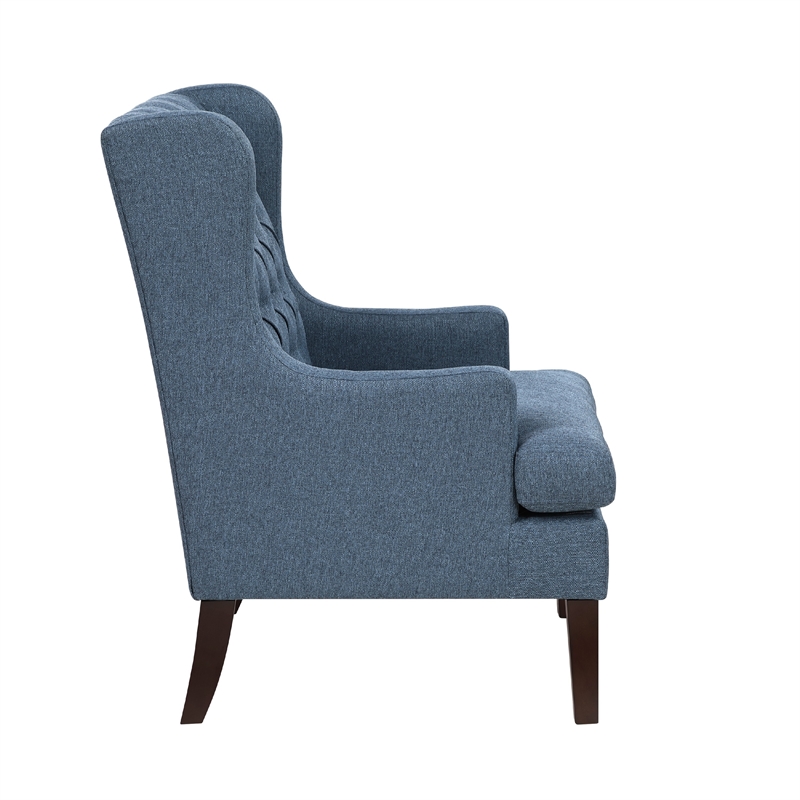 Pemberly Row Button Tufted Accent Wing Armchair in Blue Polyester Brown Wood