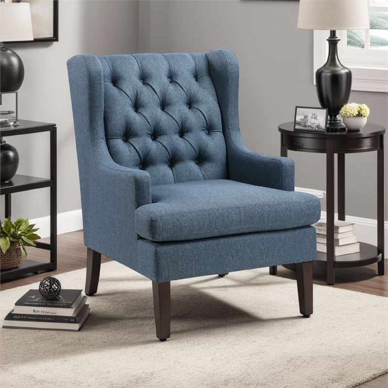 Pemberly Row Button Tufted Accent Wing Armchair in Blue Polyester Brown Wood