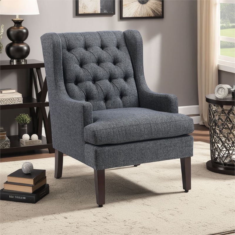 Pemberly Row Button Tufted Accent Wing Armchair in Charcoal Gray and Brown