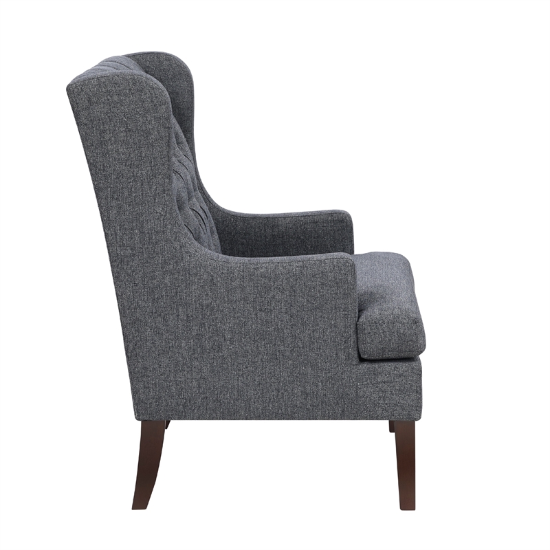 Pemberly Row Button Tufted Accent Wing Armchair in Charcoal Gray and Brown