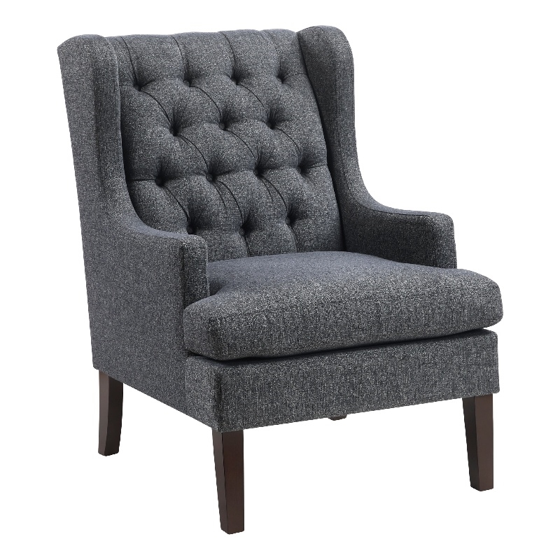 Pemberly Row Button Tufted Accent Wing Armchair in Charcoal Gray and Brown