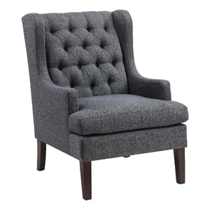 Pemberly Row Button Tufted Accent Wing Armchair in Charcoal Gray and Brown