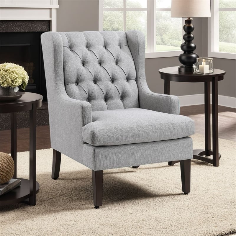 Pemberly Row Button Tufted Accent Wing Armchair in Light Gray Polyester