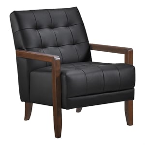 Pemberly Row Button Tufted Accent Armchair in Black Leather Walnut Brown Wood