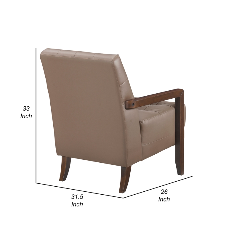 Pemberly Row Button Tufted Accent Armchair in Brown Leather Walnut Brown Wood