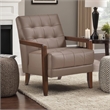 Pemberly Row Button Tufted Accent Armchair in Brown Leather Walnut Brown Wood