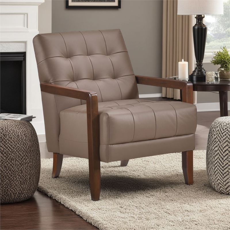 Pemberly Row Button Tufted Accent Armchair in Brown Leather Walnut Brown Wood