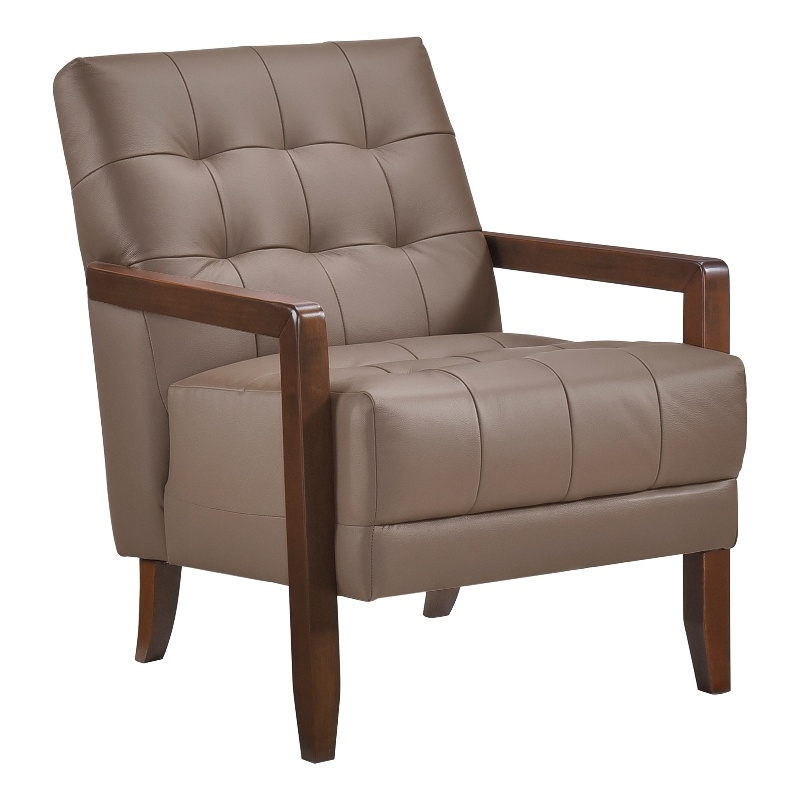 Pemberly Row Button Tufted Accent Armchair in Brown Leather Walnut Brown Wood