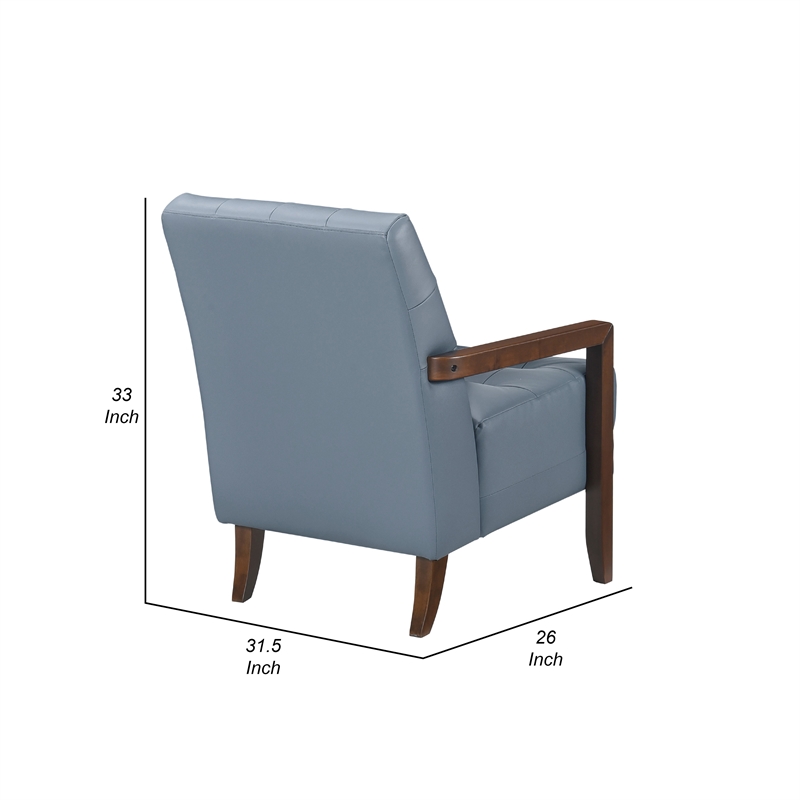 Pemberly Row Button Tufted Accent Armchair in Blue Leather Walnut Brown Wood