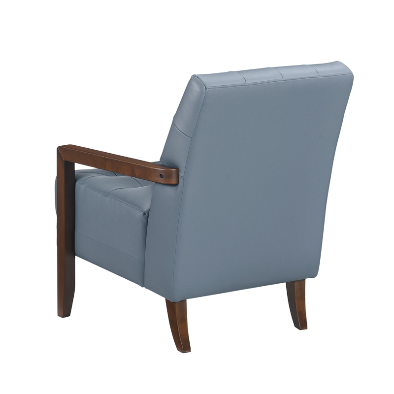 Pemberly Row Button Tufted Accent Armchair in Blue Leather Walnut Brown Wood