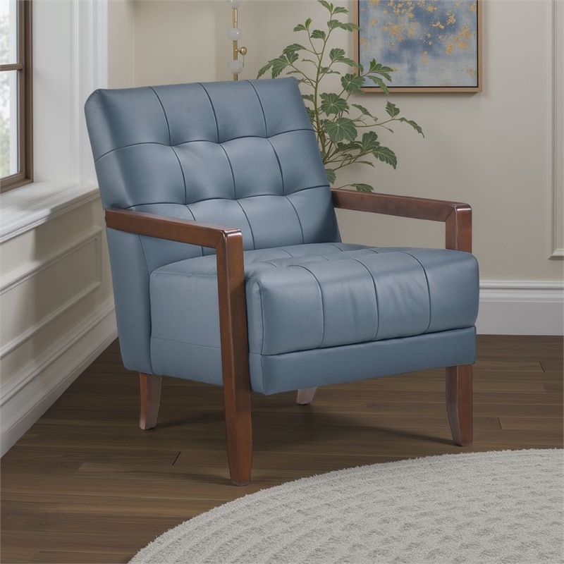 Pemberly Row Button Tufted Accent Armchair in Blue Leather Walnut Brown Wood