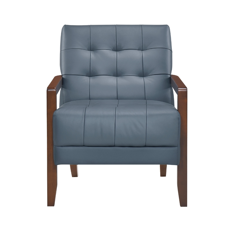 Pemberly Row Button Tufted Accent Armchair in Blue Leather Walnut Brown Wood
