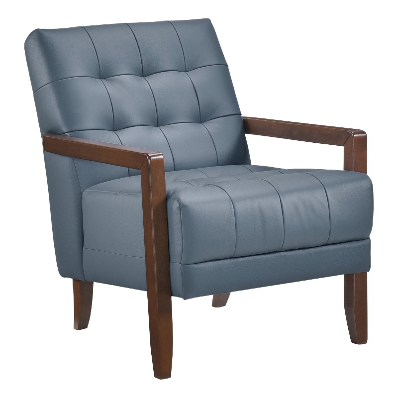Pemberly Row Button Tufted Accent Armchair in Blue Leather Walnut Brown Wood