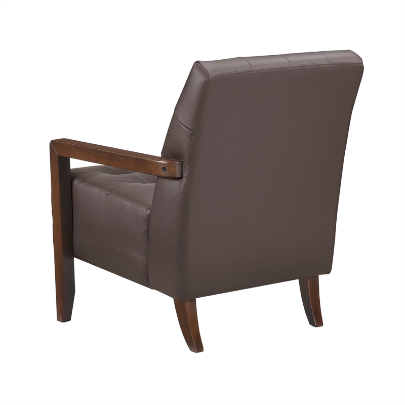 Pemberly Row Button Tufted Accent Armchair in Dark Brown Leather Wood Frame